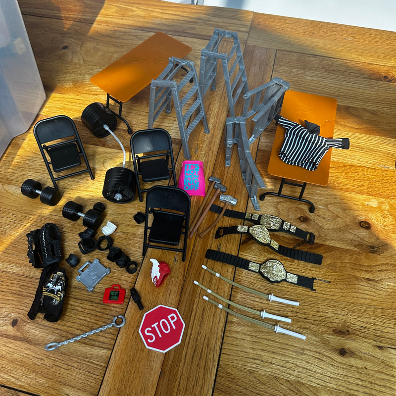 WWE Wrestling Accessory Lot - Chairs, Tables, Ladders, Belts etc PRE-OWNED