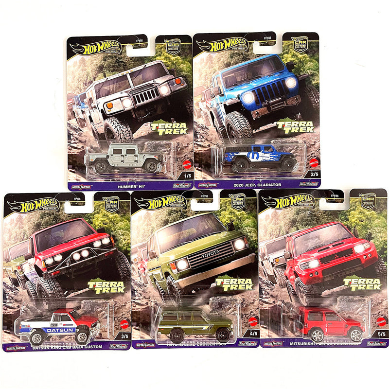 Hot Wheels Premium Car Culture Terra Trek Set of 5 - Mitsubishi Pajero Evolution, Datsun King Cab, 2020 Jeep Gladiator, Toyota Land Cruiser & Hummer H1