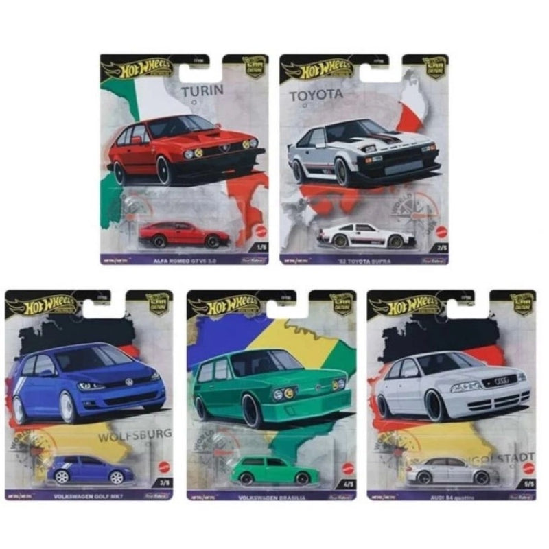Hot Wheels Premium Car Culture World Tour Set of 5 - VW Golf, '82 Toyota Supra, Alfa Romeo, Audi S4 Quattro & VW Brasilia