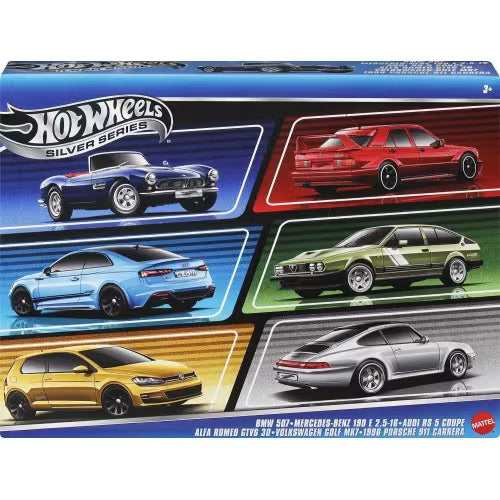 Hot Wheels Silver Series 6 Pack - BMW 507, Mercedes Benz 190 E 2.5-15, Audi RS 5 Coupe, Alfa Romeo GTV6 30, VW Golf MK7 & 1996 Porsche 911 Carrera