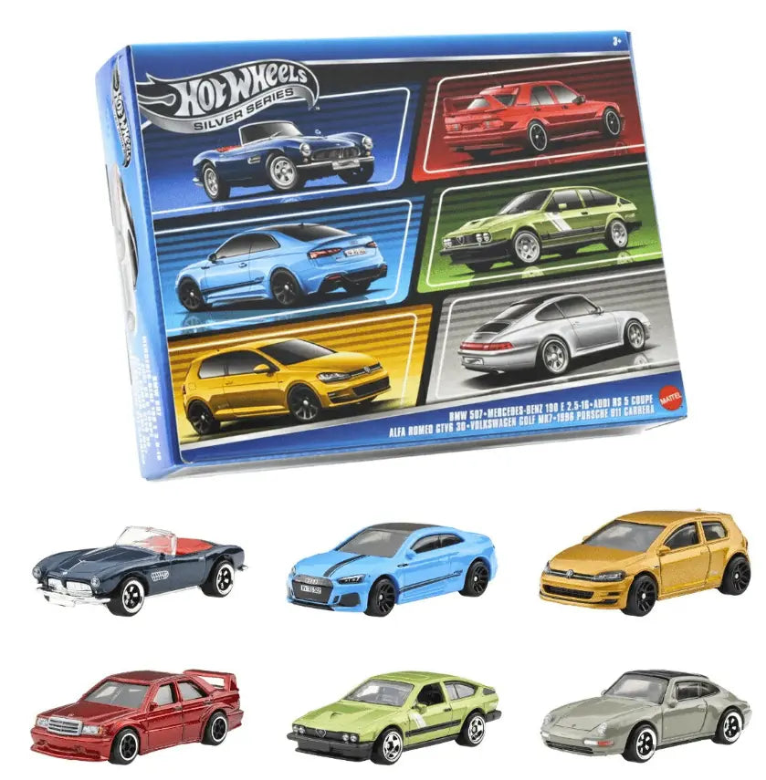 Hot Wheels Silver Series 6 Pack - BMW 507, Mercedes Benz 190 E 2.5-15, Audi RS 5 Coupe, Alfa Romeo GTV6 30, VW Golf MK7 & 1996 Porsche 911 Carrera