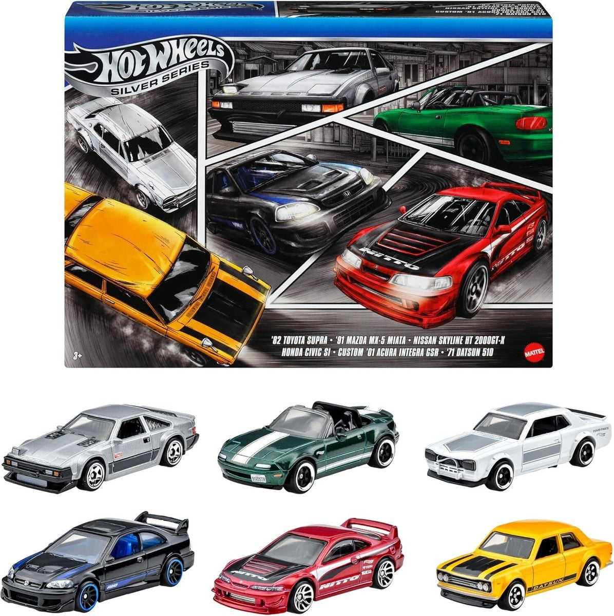 Hot Wheels Silver Series 6 Pack - '82 Toyoto Supra, '91 Mazda MX-5 Miata, Nissan Skyline HT 2000GT-X, Honda Civic SI, Custom '01 Acura Integra GSR & '71 Datsun 510