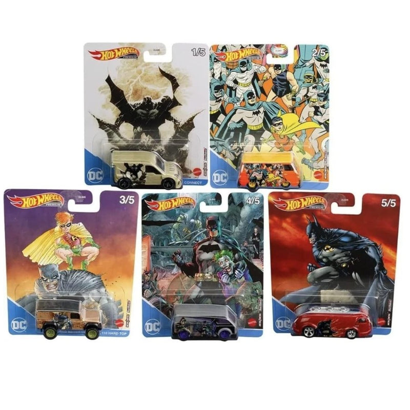 Hot Wheels Premium DC Batman Set of 5 - '09  Custom Ford Transit, '66 Dodge A100, Land Rover Defender, MBK Van & Haulin Gas