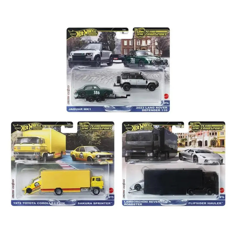 Hot Wheels Premium Car Culture Team Transport Jaguar/Land Rover, Laborghini Roadster/Flipside Hauler & Toyota/Sakura Sprinter