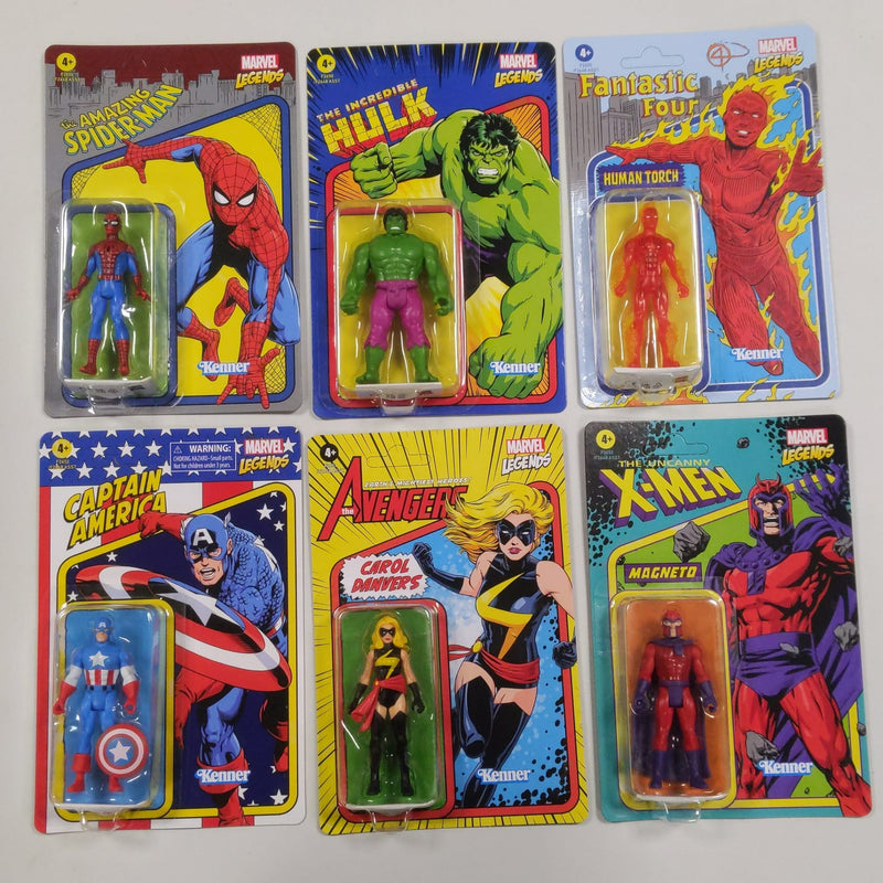 Marvel Retro 3.75" Re-Collect Set of 6 - Spider-Man, Magneto, Human Torch, Carol Danvers, Hulk & Captain America