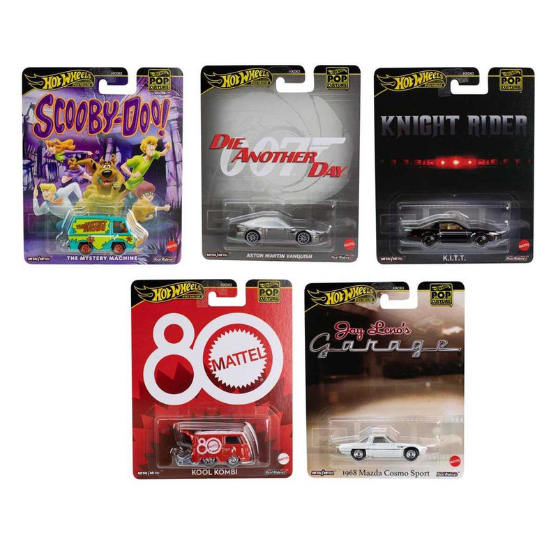 Hot Wheels Premium Pop Culture Set of 5 - Scooby Doo Mystery Machine, Knight Rider KITT, Kool Kombi, Jay Leno's Garage & 007 Die Another Day