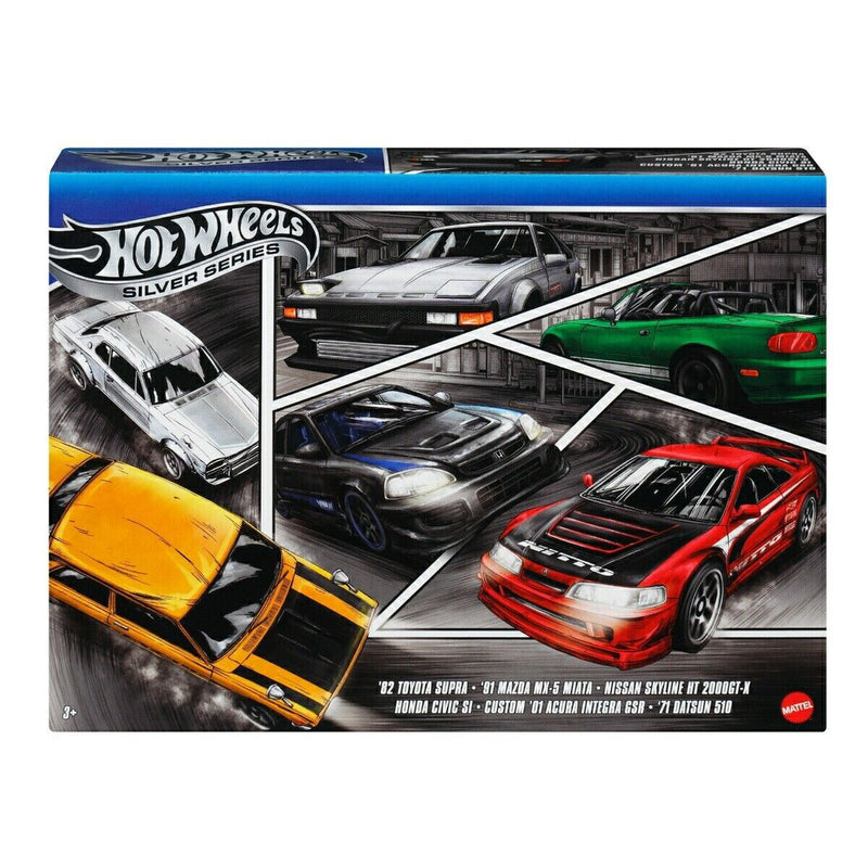 Hot Wheels Silver Series 6 Pack - '82 Toyoto Supra, '91 Mazda MX-5 Miata, Nissan Skyline HT 2000GT-X, Honda Civic SI, Custom '01 Acura Integra GSR & '71 Datsun 510